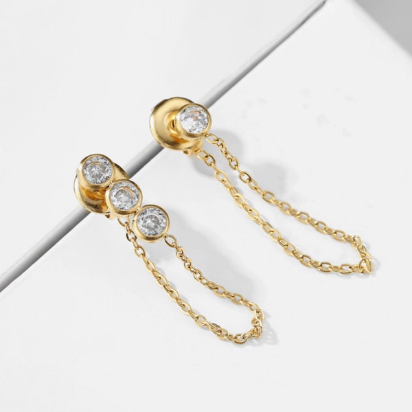 Boucles d'oreilles à chaîne pour femmes en acier inoxydable plaqué or avec pierre de Zircon