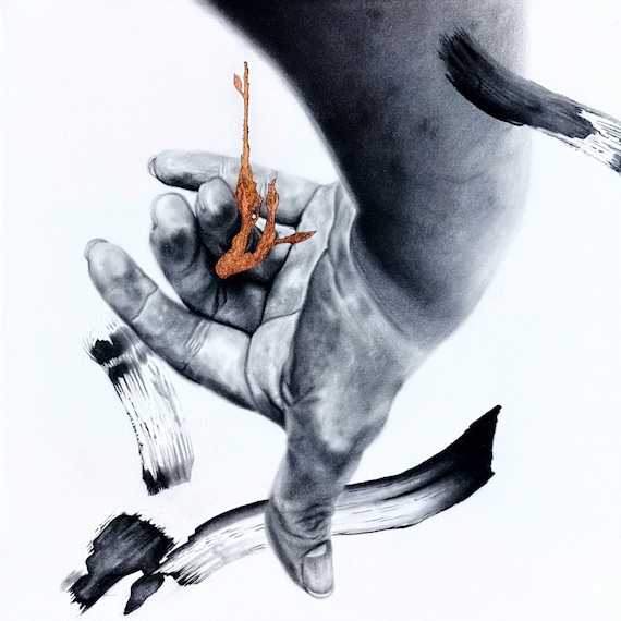 Withering Grass | Figurative Graphite Drawing with Copper-Leaf Detail