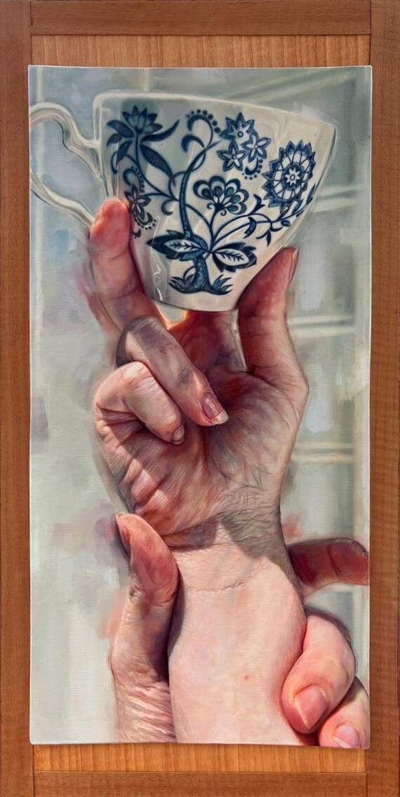 Blue Nordic Teacup Oil Painting on Wood Panel