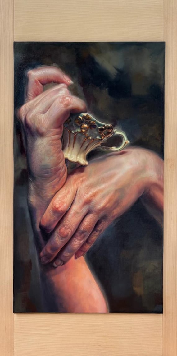 Austrian Teal Teacup Oil Painting; Original Figurative Hand Artwork on Wood Panel