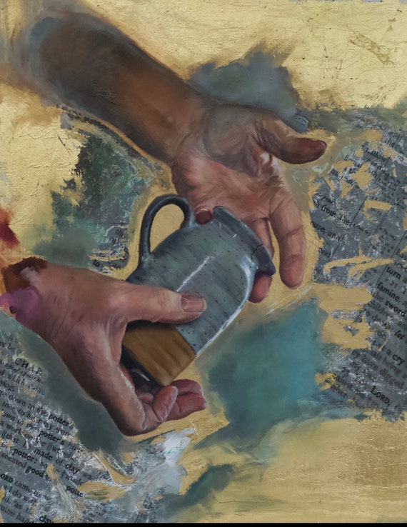 Potter's Hands Art Print: Blue and Gold Oil Painting (11 x 14 Inch)