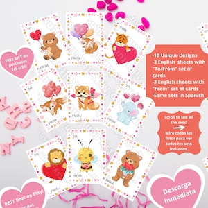 Cartões trocáveis de Dia dos Namorados, Cartões de Animais Fofos, Para Crianças, Tarjetas de San Valentin Intercambio, Cartão de Dia dos Namorados Inglês Espanhol, Niños