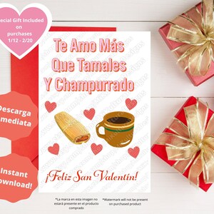 Tarjeta de San Valentin, Downloadable Funny Latino Valentine Card, Funny Valentine Card, Tamales Champurrado, Tarjeta de amor, Carta de Amor