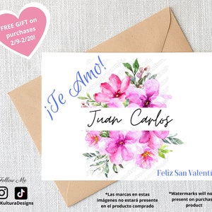 Customizable Valentines Day Card, Tarjeta de San Valentin Personalizada, Printable Love Card w/ Flowers Roses, Carta de Amor de Flores Rosas