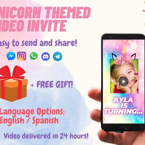 Unicorn Video Invitation For Unicorn Party Magical Rainbows Birthday Girl Birthday Boy, Gold Glitter Invitation Digital Unicornio Invitacion
