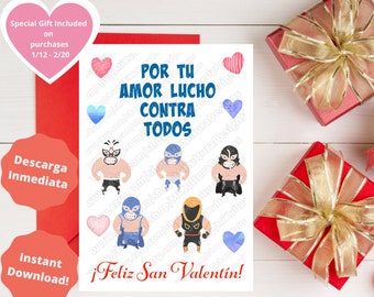 Tarjeta de San Valentin, Downloadable Luchador Valentine Greeting Card, Wrestler Card, Tarjeta de amor, Carta de Amor Spanish Valentine Card
