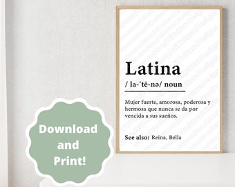 Latina Definition Wall Art - Printable Wall Art Digital Download and Print Digital Download Latina Poderosa y Hermosa Definicion de Latina