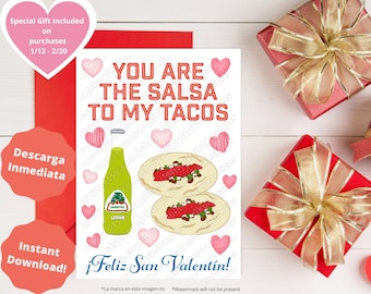 Tarjeta de San Valentin, Downloadable Funny Latino Valentine Card, Tacos y Jarritos, Tarjeta de amor, Carta de Amor, Spanish Valentine Card
