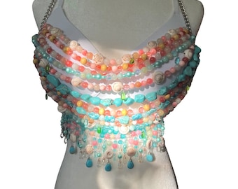 Aqua and Coral Beaded bralette, body jewelry, size 36,  beaded top