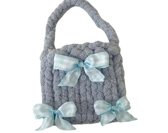 LIQUIDAZIONE Borsa a mano lavorata a maglia grossa con nastro, borsa con fiocco, borsa lavorata a maglia con nastro, borsa con nastro estetico,