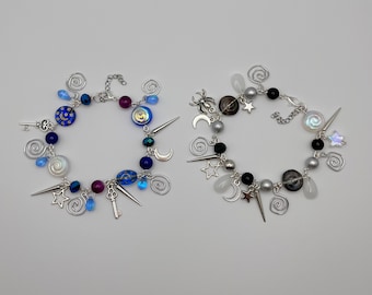 Coraline and wybie bracelets, charm bracelets, dangle bracelets, inspired, beaded jewelry, cluster bracelets