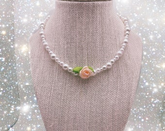 CLEARANCE Pink rose pearl necklace, rose necklace, coquette, jewelry, kawaiicore, soft pastel, y2k