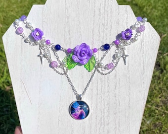 LIQUIDATION ! Collier fée fleur, noyau de fée, grunge, collier en couches, pendentif fée, noyau cottage, collier champignon
