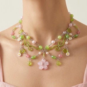 Collier de fleurs de cerisier, collier féerique, collier de fleurs, collier à plusieurs rangs, collier floral