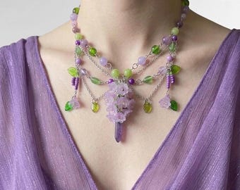 Wisteria Flower Necklace, Fairy Core Beaded Jewelry, Amethyst Czech Leaf Beads