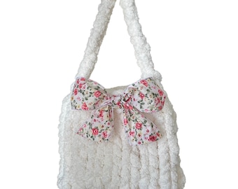 LIQUIDAZIONE Borsa a mano lavorata a maglia grossa con nastro, borsa con fiocco, borsa lavorata a maglia con nastro, borsa con nastro estetico,