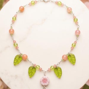 Handmade Cherry Blossom Flower Necklace, Glass Beads, Czech Leaf Beads, Fairy Core Jewelry image 2