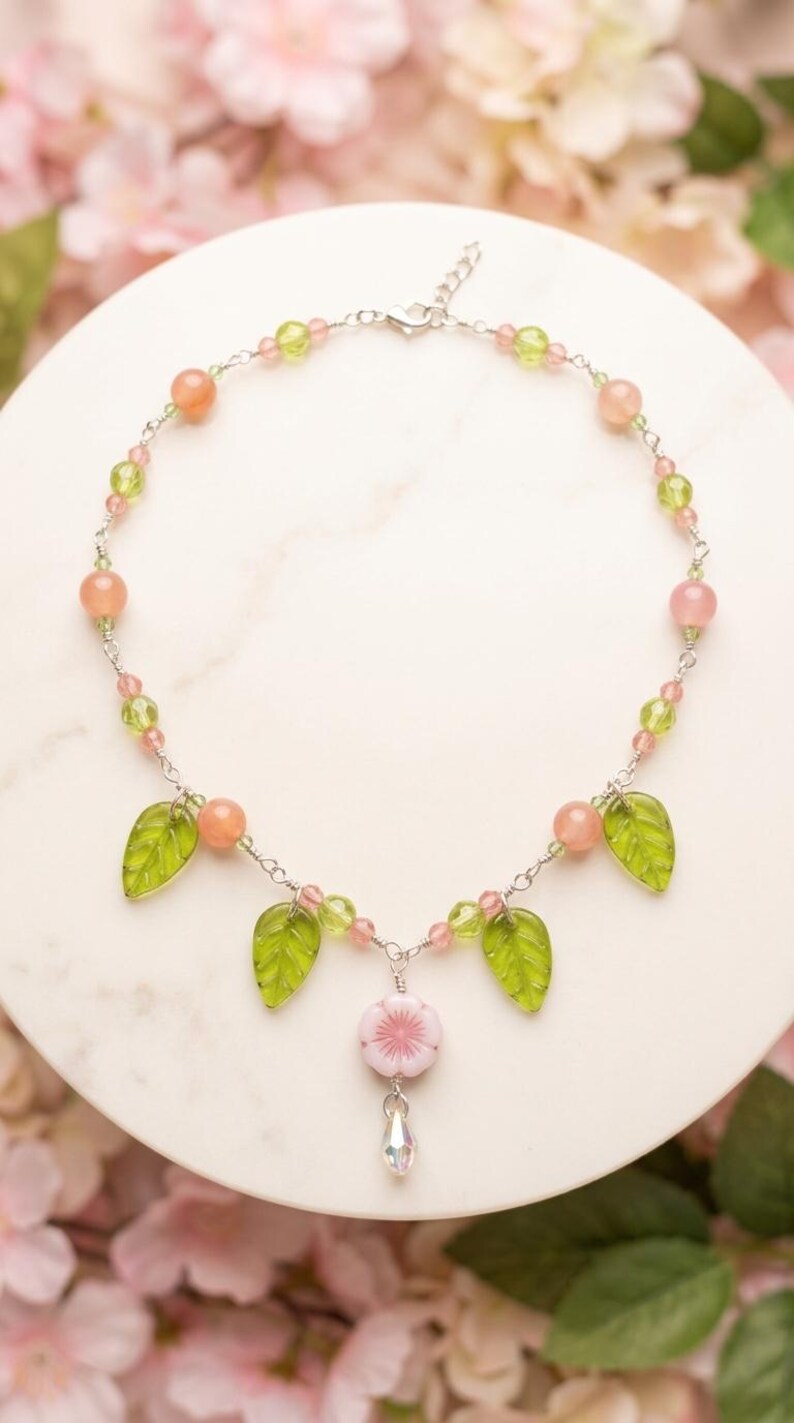 Handmade Cherry Blossom Flower Necklace, Glass Beads, Czech Leaf Beads, Fairy Core Jewelry image 2