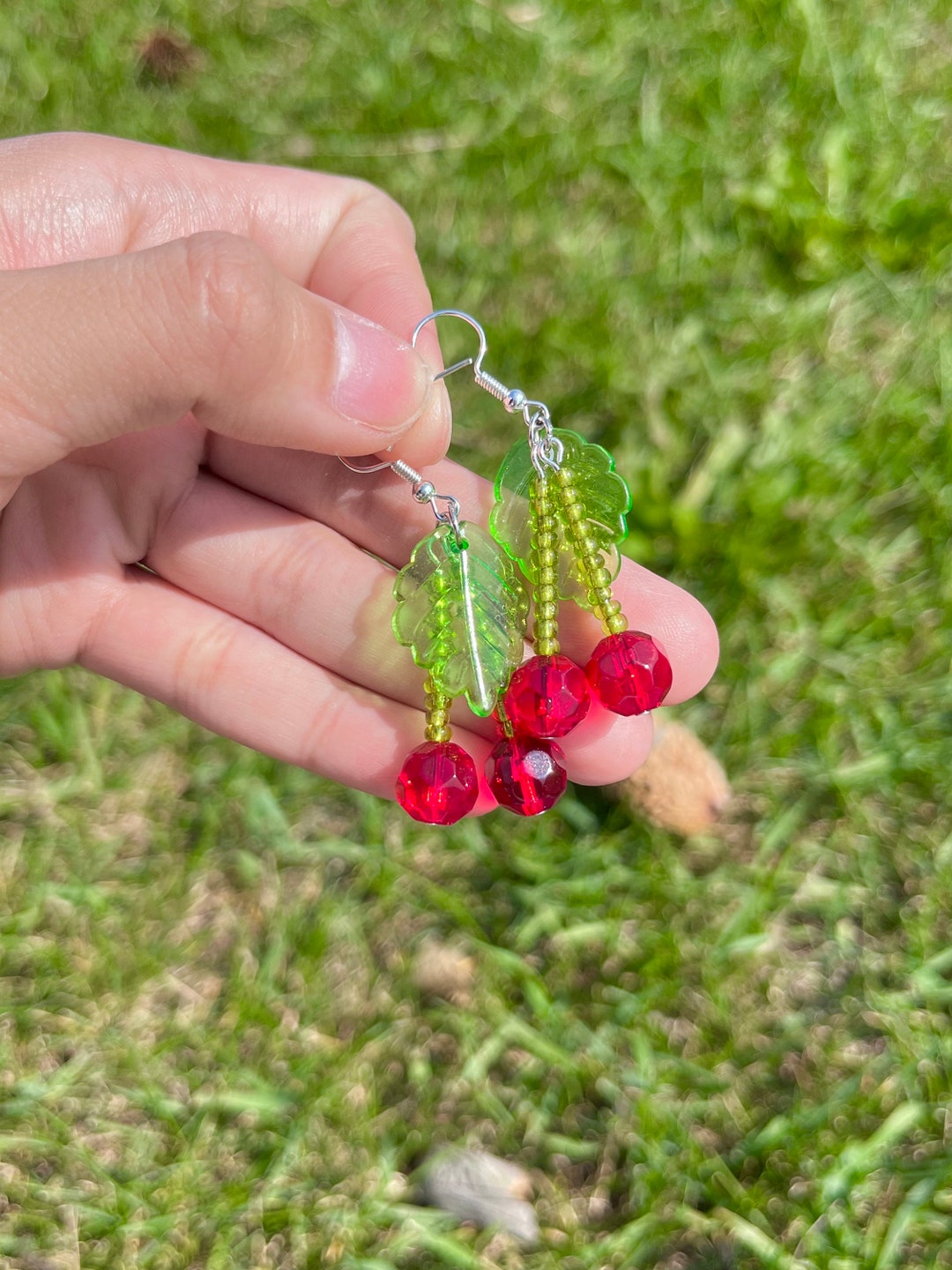 Cherry and Blue Berry Earrings Beaded Earrings Silver Drop Etsy