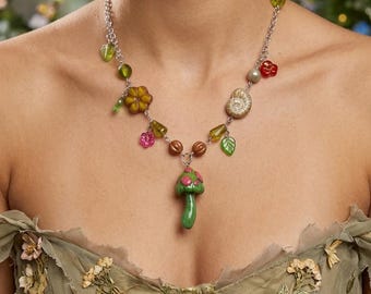 Enchanted mushroom, beaded necklace, cottagecore, fairycore, earthy tones, toadstool, fairy grunge