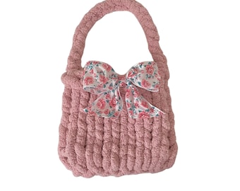 LIQUIDAZIONE Borsa a mano lavorata a maglia grossa con nastro, borsa con fiocco, borsa lavorata a maglia con nastro, borsa con nastro estetico,