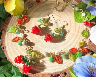 Raspberry necklace, fairy core, grunge, cluster necklace, raspberry pendant, spring necklace