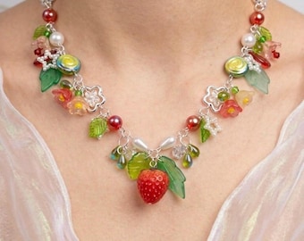Strawberry necklace, fairy core, grunge, fairy pendant, cluster necklace, strawberry pendant