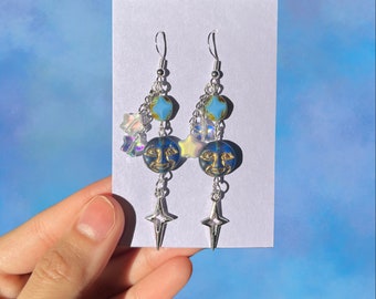 Moonlight star earrings , sterling silver earrings, Czech beads, drop earrings, dangly earrings, cluster earrings, fairycore, cottagecore