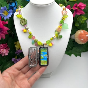 Flower fields locket necklace, howls moving castle inspired, beaded necklace, spring