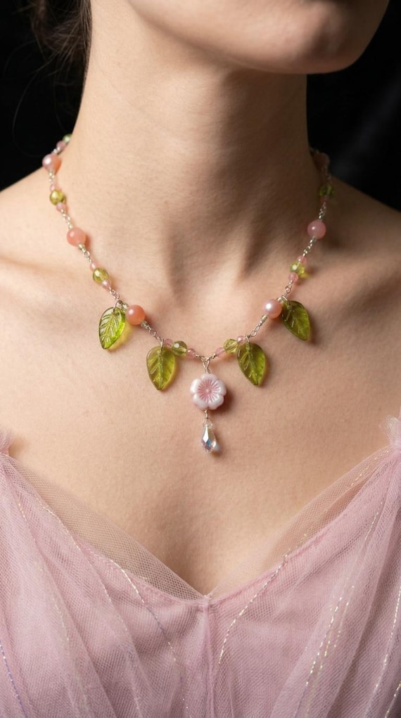 Handmade Cherry Blossom Flower Necklace, Glass Beads, Czech Leaf Beads, Fairy Core Jewelry