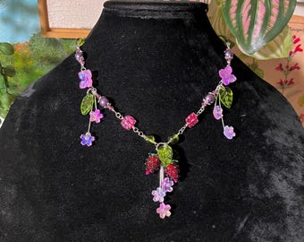 Raspberry necklace, raspberry blossom flower, fairy core, cluster necklace, raspberry pendant, spring necklace