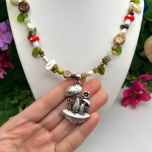 Whimsical mushroom necklace, cottagecore, baroque fresh water pearl, high quality Czech glass beads