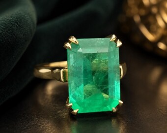 Natürlicher zertifizierter sambischer Smaragdring im Achteckschliff aus 14K Gold | Smaragd Verlobungsring | Solitär Statement Ring
