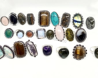 Multi Gemstone Rings 100 Pcs Lot, Handmade Rings For Women, 6-10 US Size Rings, Crystal Rings, Hippie Rings, Wholesale Jewelry For Women