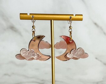 Heart Moon Earrings | Celestial Valentine&#39;s Day Earrings | Pink Moon Earrings