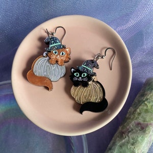 Pumpkin Halloween Cat Earrings | Black Cat Fall Earrings | Witch&#39;s Familiar Jewelry | Orange Kitty Earrings