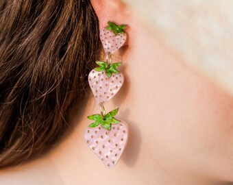 Pink Summer strawberry tiered dangle earrings | kawaii jewelry |  acrylic earrings | laser cut jewelry | statement earrings