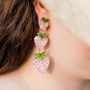 Pink Summer strawberry tiered dangle earrings | kawaii jewelry |  acrylic earrings | laser cut jewelry | statement earrings