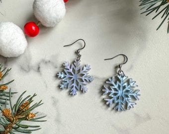 Brincos de Flocos de Neve de Inverno | Brincos Pendentes de Flocos de Neve Azuis | Brincos de Flocos de Neve Prateados | Brincos Delicados para as Festas | Joias de Flocos de Neve