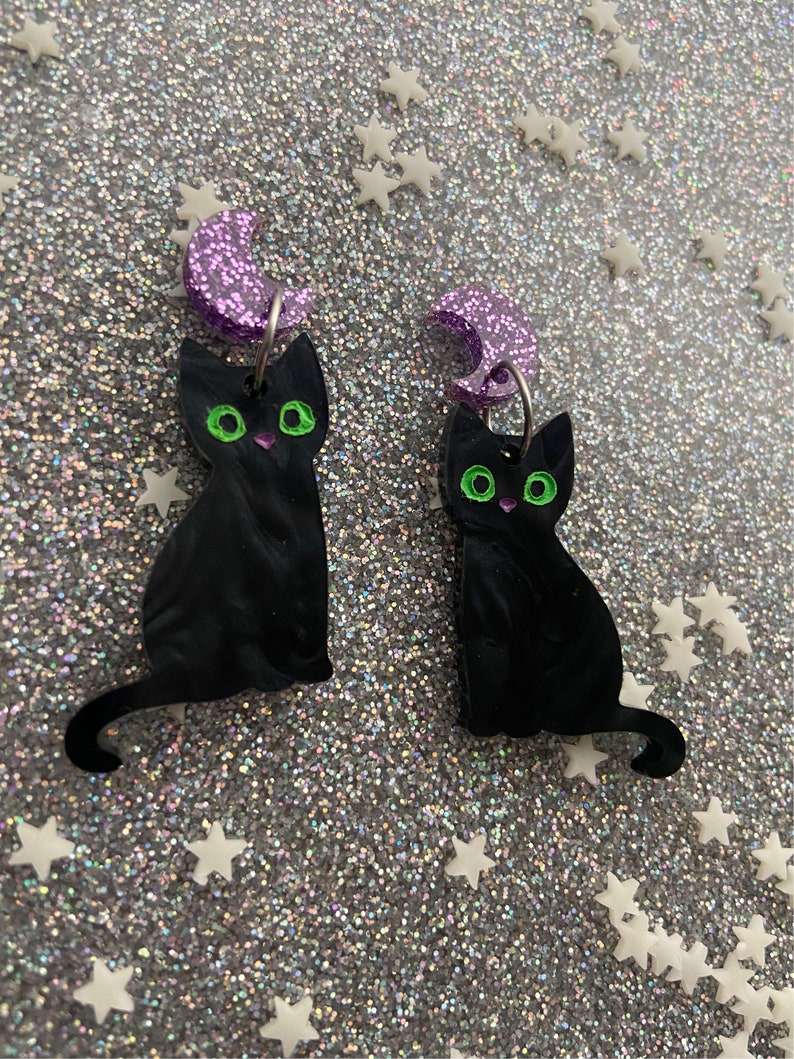 Black Cat Earrings Skeleton Cat Halloween Earrings Etsy