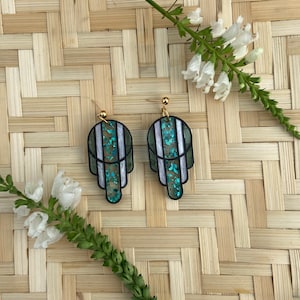 Stained Glass Deco Arches Earrings in Teal Flake | Art Deco | dangle earrings | acrylic earrings | laser cut jewelry | translucent earrings