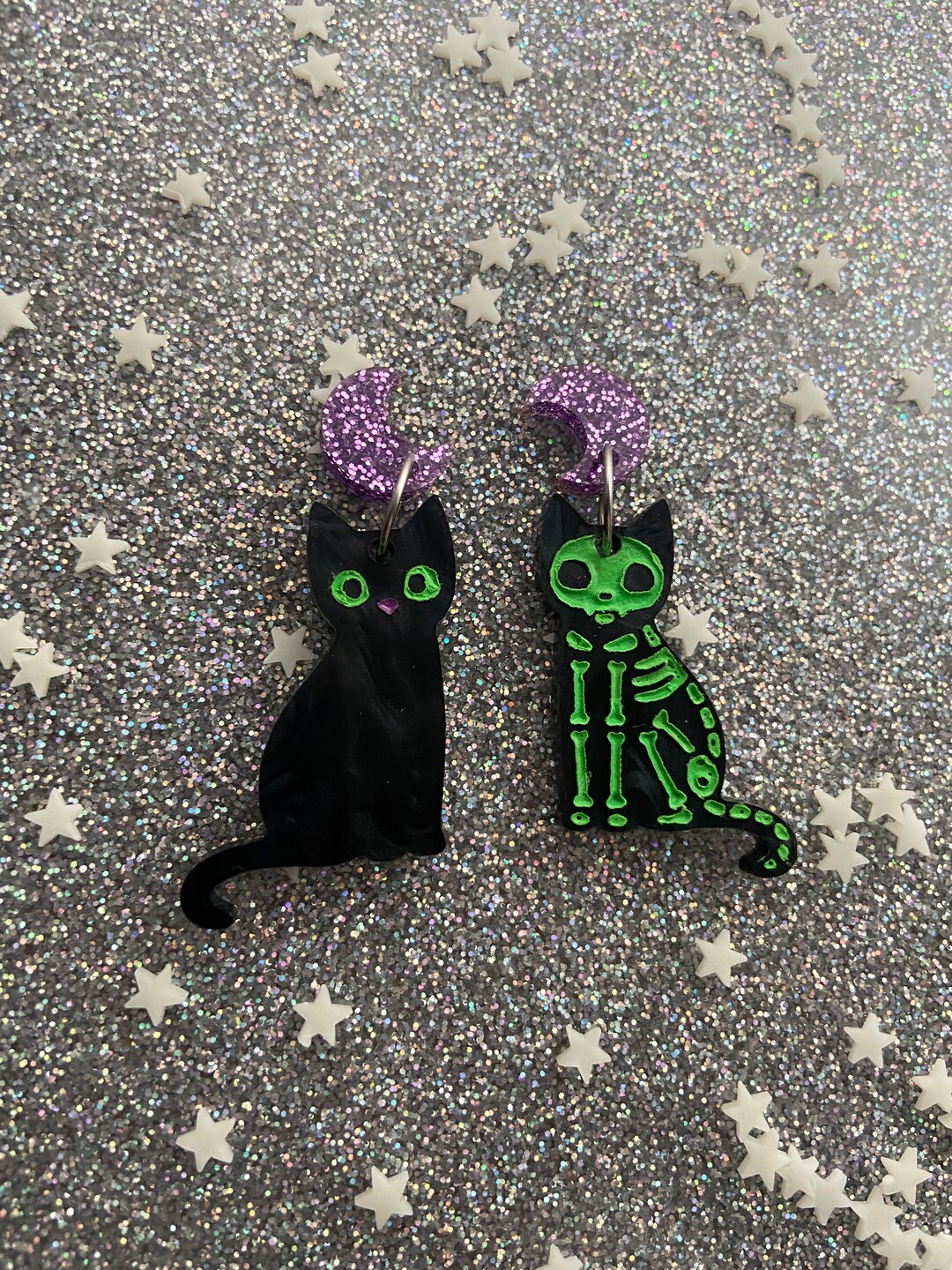Black Cat Earrings Skeleton Cat Halloween Earrings Etsy