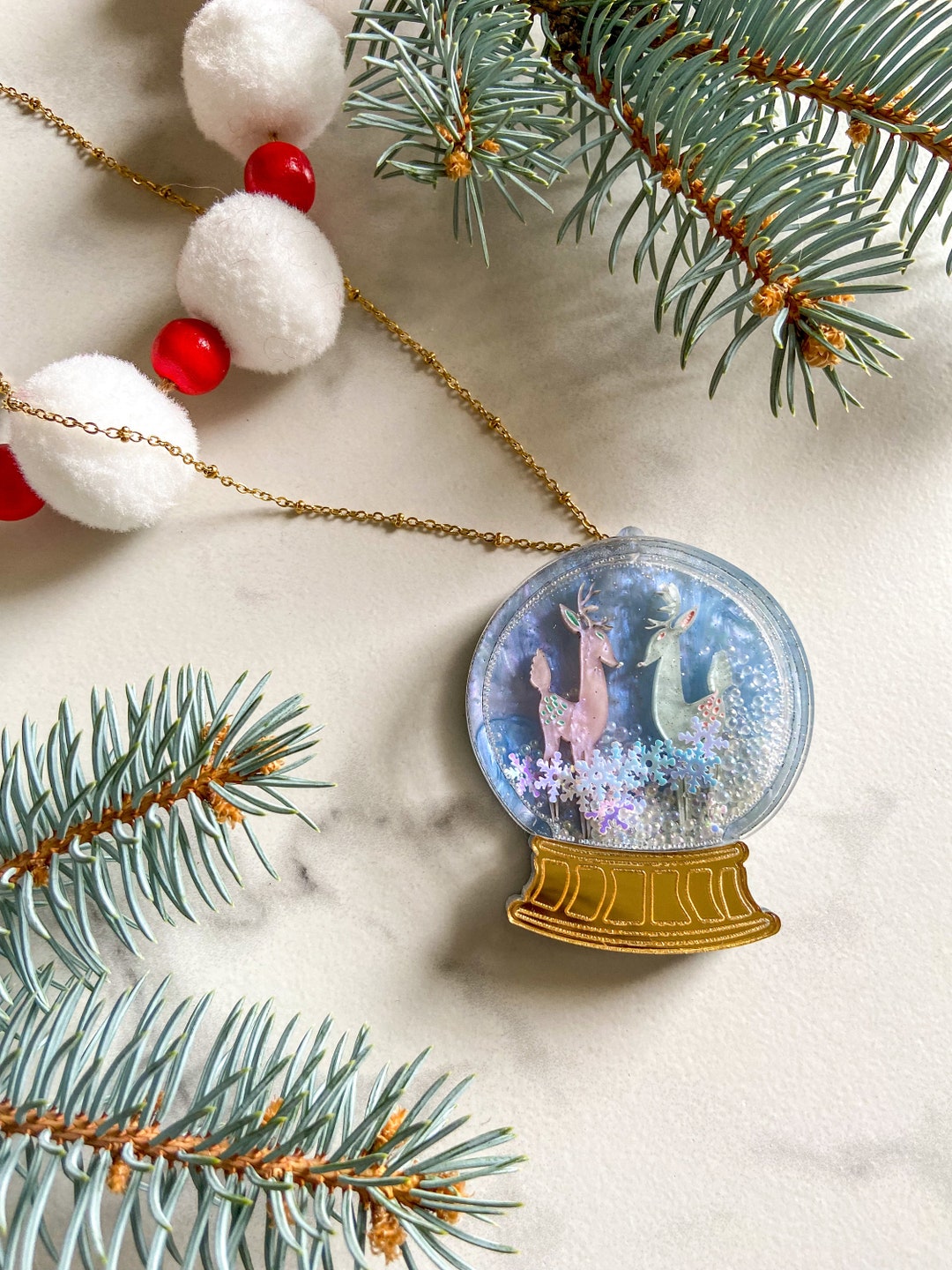 Snow Globe Necklace Gold Filled Christmas Necklace Whimsical Snow Globe