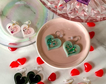 Pink Heart Earrings | Pink Glitter Dangle Earrings | Valentine&#39;s Day Earrings | Valentine&#39;s Jewelry | Valentines Day Gift
