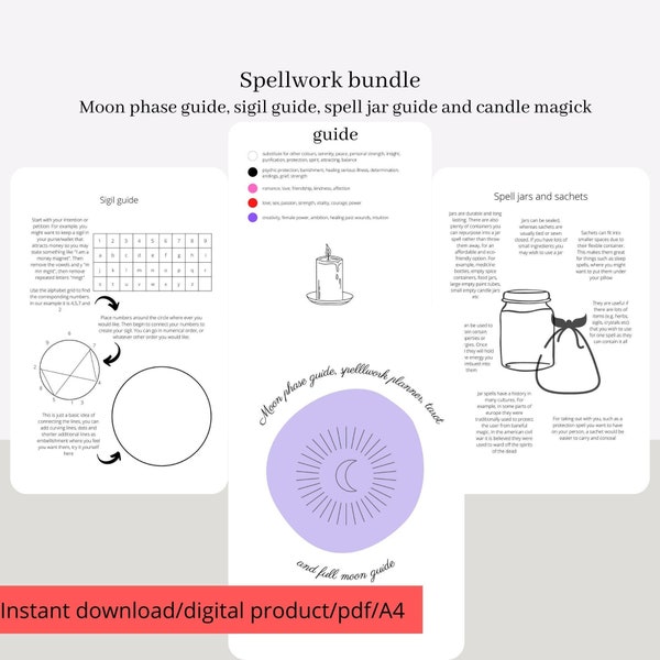 Spellwork bundle: Four spellwork witchcraft printables from my shop, moon phase, sigil guide, spell jar and candle magick printable bundle