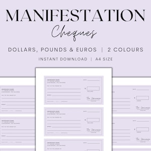 Manifestation Cheques Printable, Manifestation Checks, Law of Attraction, Manifestation Journal, Cheque Template, Instant Download PDF