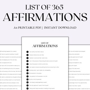 Liste mit 365 Affirmationen, Affirmationen zum Ausdrucken, positive Affirmationen für persönliches Wachstum, tägliche Affirmationen, A4 PDF Sofort-Download