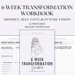 Op de afbeelding: Een printbaar werkboek met een zwart-witte illustratie van een vrouw met bloemen in haar haar. Het werkboek heeft de titel "6 Week Transformation Workbook" en de ondertitel "It's time to become your best self". Het werkboek is ontworpen om mensen te helpen met hun mindset, zelfliefde en toekomstvisie.
