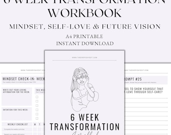 Puede incluir: Un cuaderno de trabajo imprimible con una ilustración en blanco y negro de una mujer con flores en el pelo. El cuaderno de trabajo se titula "6 Week Transformation Workbook" y el subtítulo es "It's time to become your best self". El cuaderno de trabajo está diseñado para ayudar a las personas con su mentalidad, amor propio y visión del futuro.