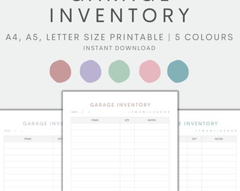 Garage Inventory Printable, Garage Inventory Tracker Printable, Household Inventory Chart, Home Management, Instant Download PDF